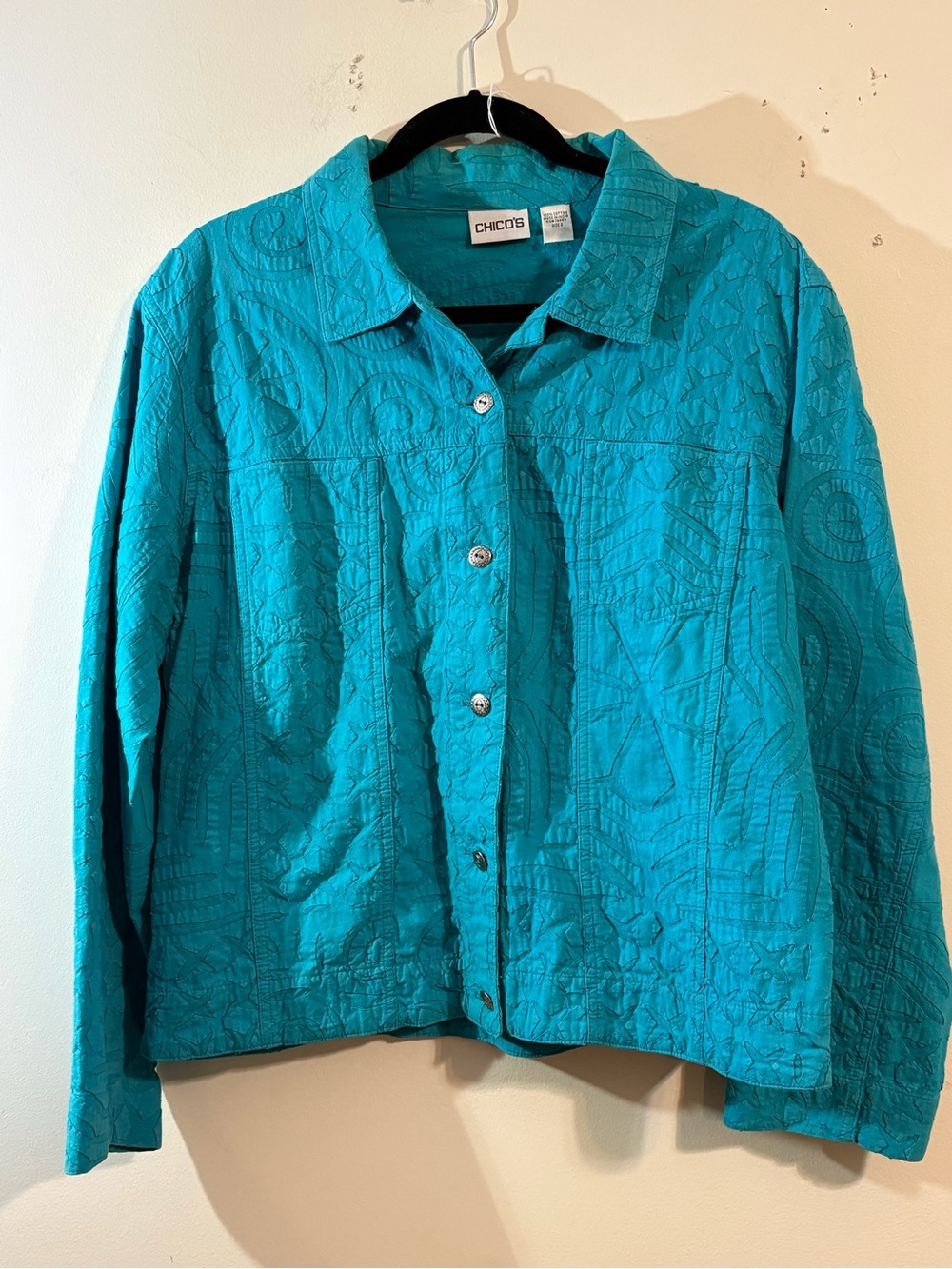 Chico's jacket turquoise button-front women’s large all-over tonal embroidered